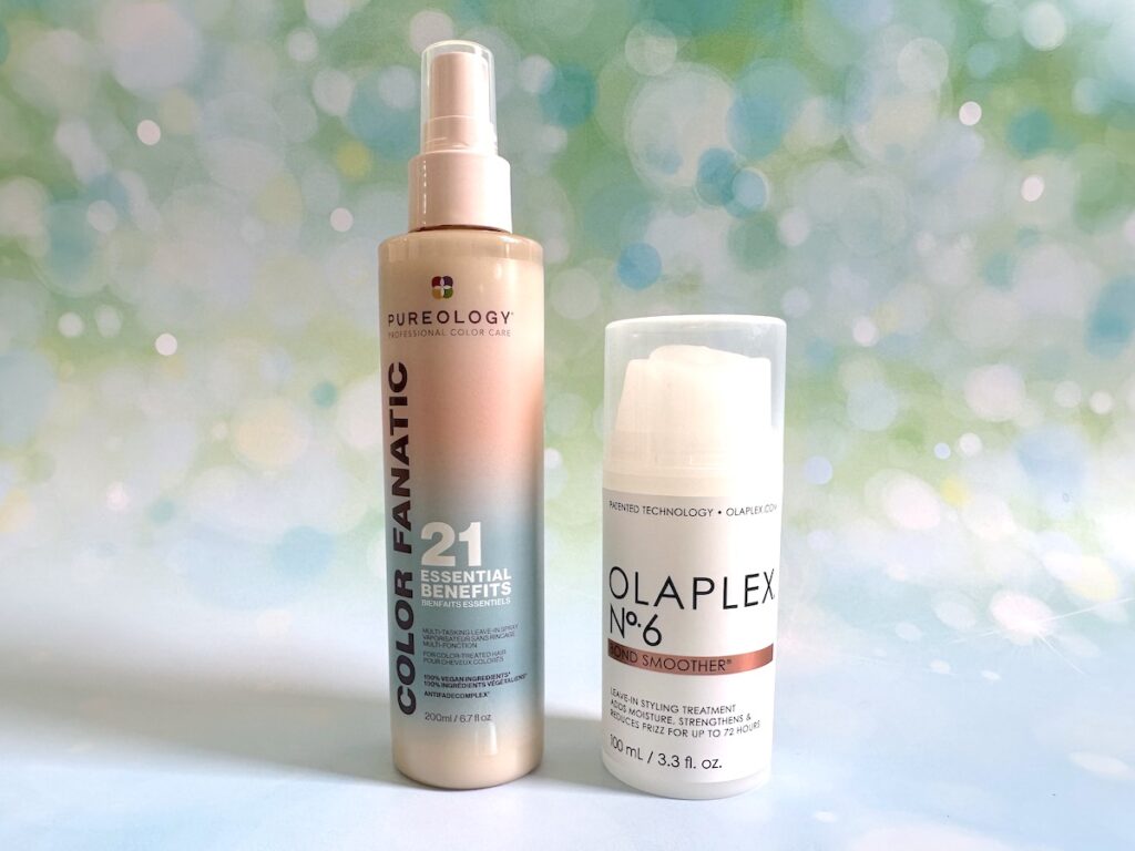 Pureology Color Fanatic Leave-In Hair Treatment Spray and Olaplex No.6 Bond Smoother.