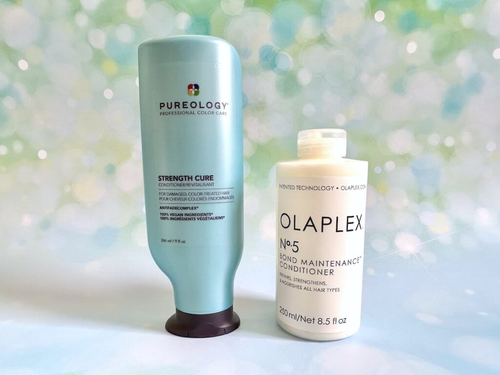 Pureology Strength Cure Conditioner and Olaplex No.5 Bond Maintenance Conditioner.