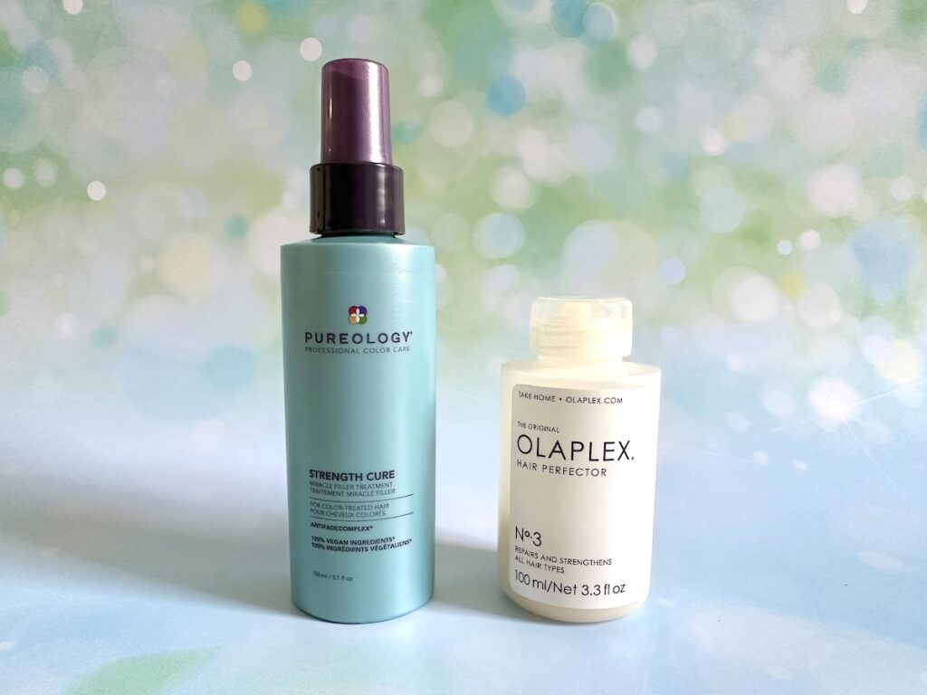 Pureology Strength Cure Miracle Filler Leave-In Conditioner and Olaplex No.3 Hair Perfector.