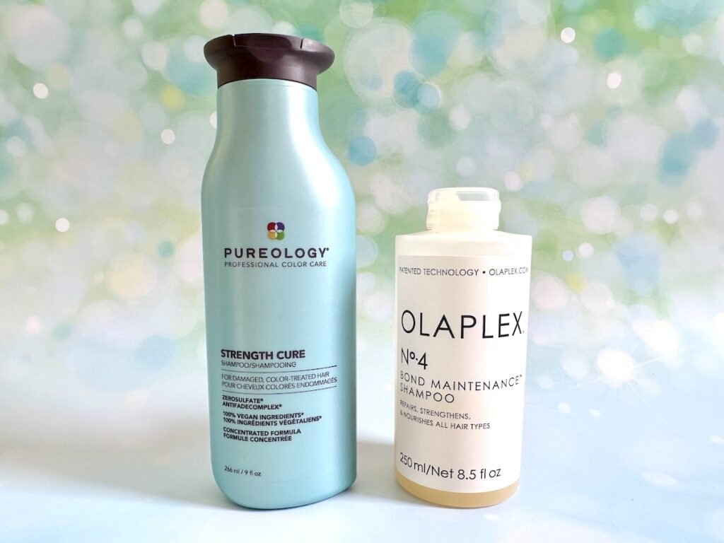 Pureology Strength Cure Shampoo and Olaplex No. 3 Hair Perfector.