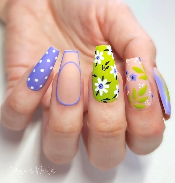 Purple and green coffin nails for spring.