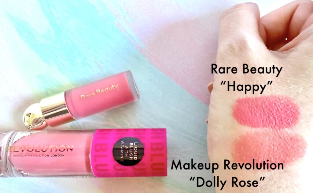 Rare Beauty Soft Pinch Liquid Blush in the shade Happy and Makeup Revolution Blush Bomb Cream Blusher in the shade Dolly Rose, sampled on hand, blended.