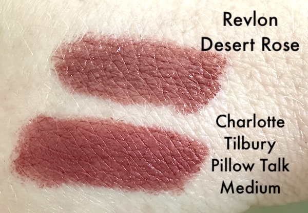 Revlon Super Lustrous Lipstick in Desert Escape and Charlotte Tilbury Pillow Talk Medium Lipstick, swatches on hand.