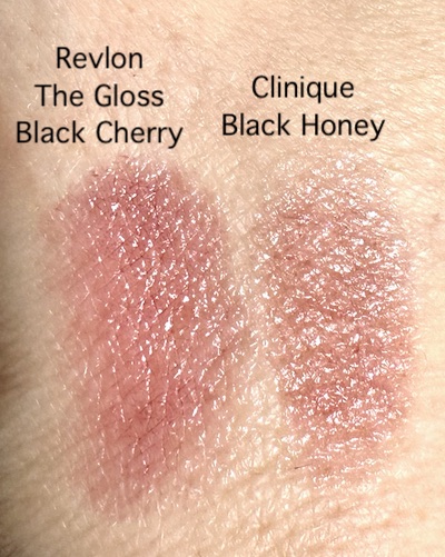 Revlon Super Lustrous The Gloss in Black Cherry and Clinique Black Honey swatches on hand.