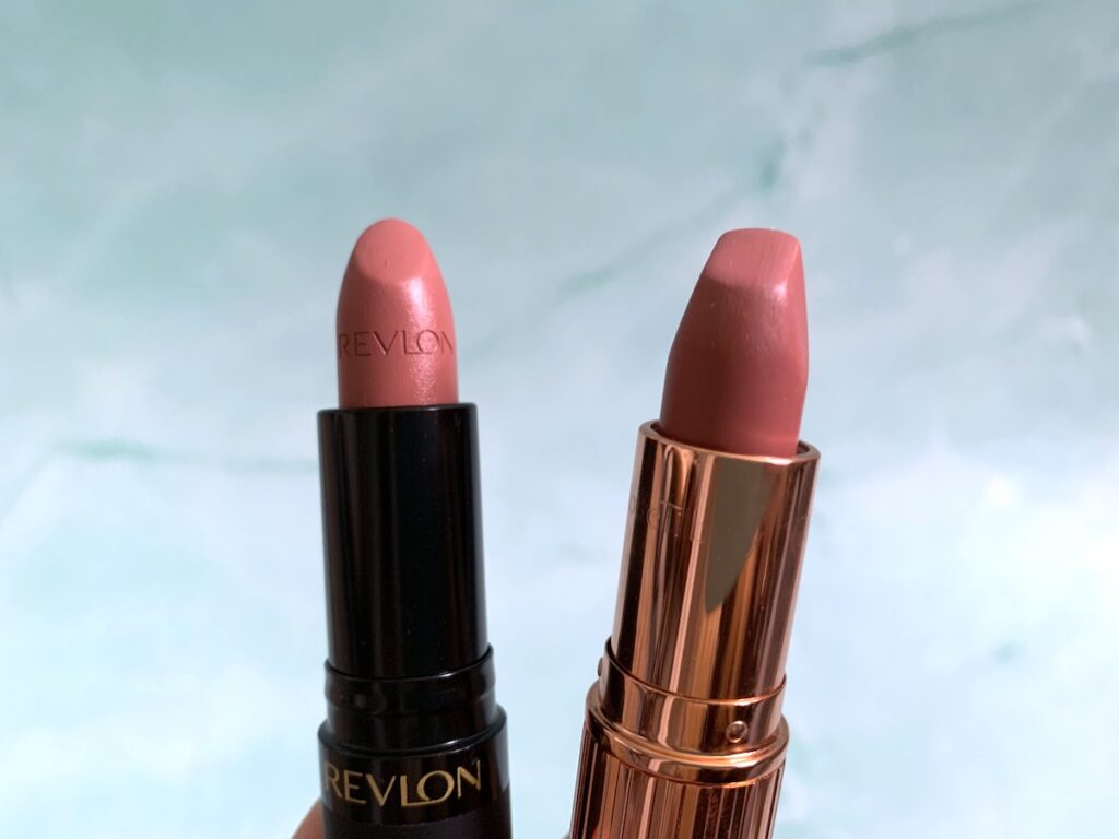 Revlon Super Lustrous The Luscious Mattes Lipstick in Pick Me Up and Charlotte Tilbury Pillow Talk Lipstick opened.