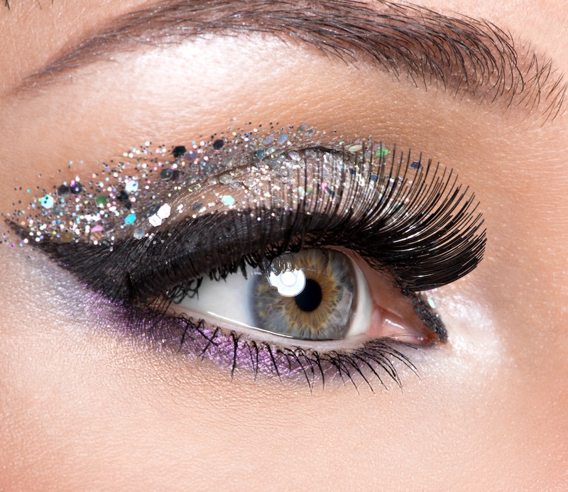 Silver and purple glitter eyeshadow look.