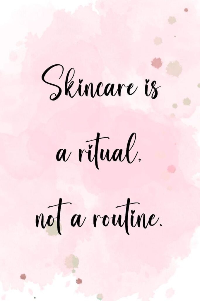 "Skincare is a ritual, not a routine." Skin care quote on pink paint splotch background.