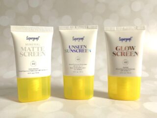 Supergoop! Mineral Mattescreen Sunscreen SPF 40, Supergoop! Unseen Sunscreen SPF 40, and Superogop! Glowscreen Sunscreen SPF 40.