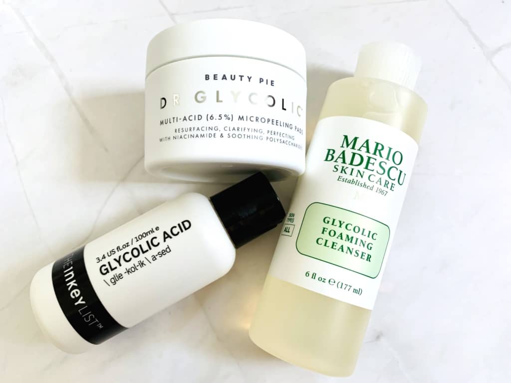 The Inkey List Glycolic Acid Toner, Beauty Pie Dr Glycolic Multi Acid Micropeeling Pads, and Mario Badescu Glycolic Foaming Cleanser