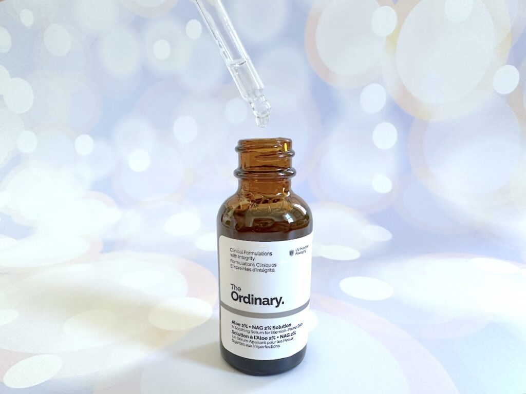 The Ordinary Aloe 2% + NAG 2% Solution, open bottle with dropper.