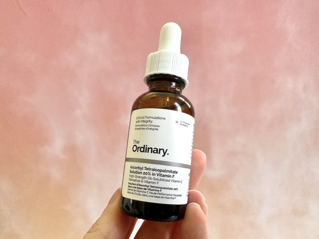 The Ordinary Ascorbyl Tetraisopalmitate Solution 20% in Vitamin F, handheld.