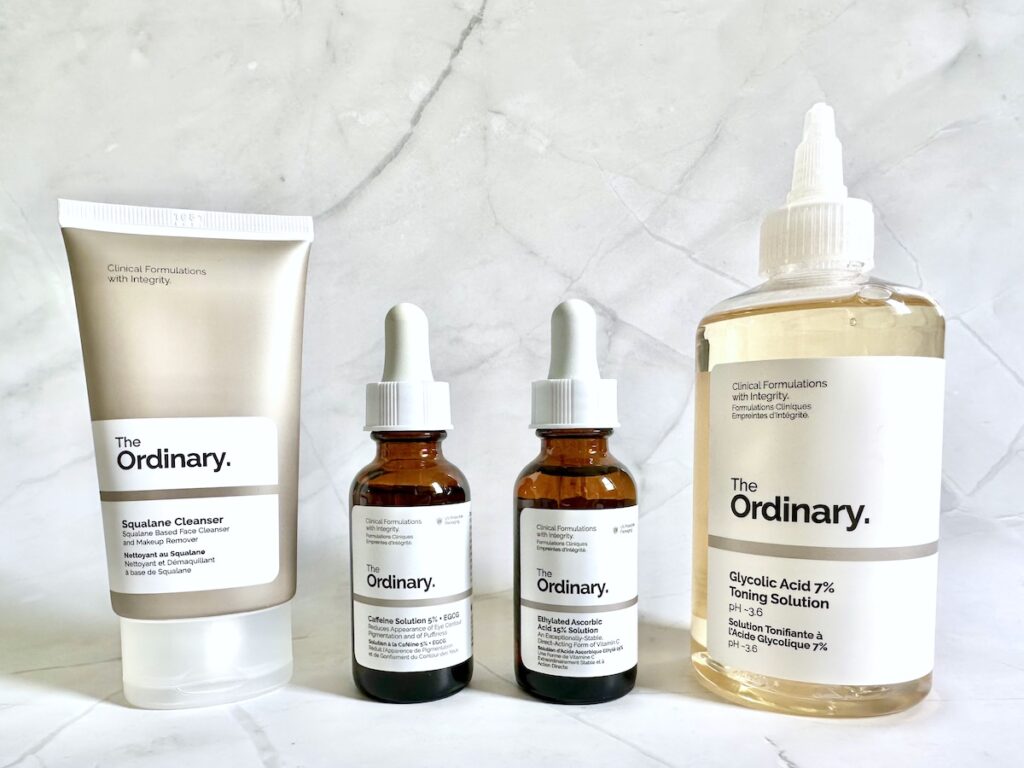 The Ordinary Bright Set: Squalane Cleanser, Ethylated Ascorbic Acid 15% Solution, Caffeine Solution 5% + EGCG, and Glycolic Acid 7% Toning Solution.