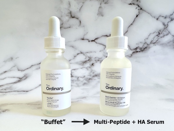 The Ordinary Multi-Peptide + HA Serum and The Ordinary "Buffet". Labeled with arrow showing Multi-Peptide Serum replacing "Buffet".