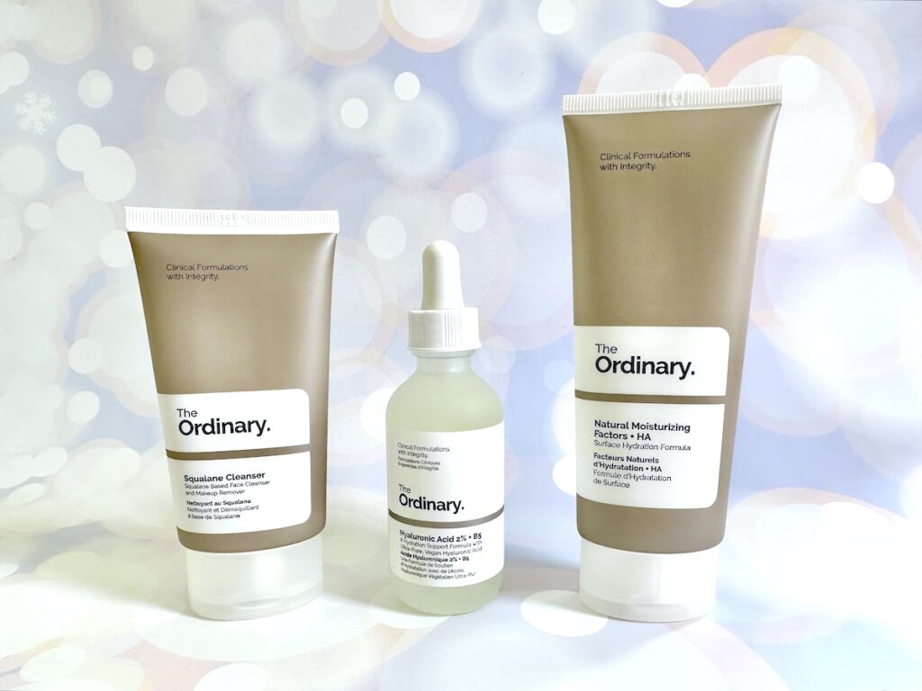 The Ordinary For Sensitive Skin: The Ordinary Squalane Cleanser, The Ordinary Hyaluronic Acid 2% + B5, and The Ordinary Natural Moisturizing Factors + HA.