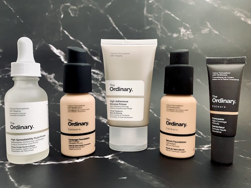 The Ordinary High-Spreadability Fluid Primer, Coverage Foundation, High-Adherence Silicone Primer, Serum Foundation, and Concealer