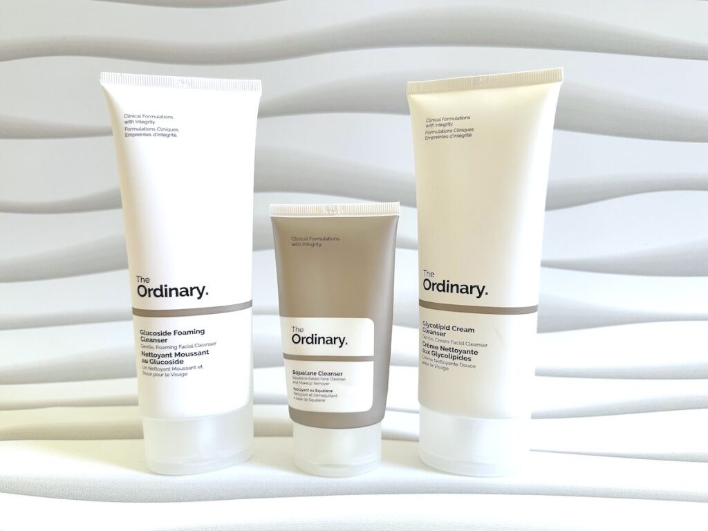 The Ordinary Glucoside Foaming Cleanser, Squalane Cleanser, and Glycolipid Cream Cleanser.