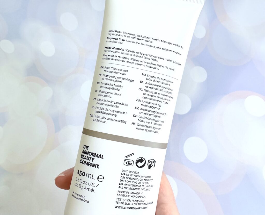 The Ordinary Glycolipid Cream Cleanser, back of tube, handheld.