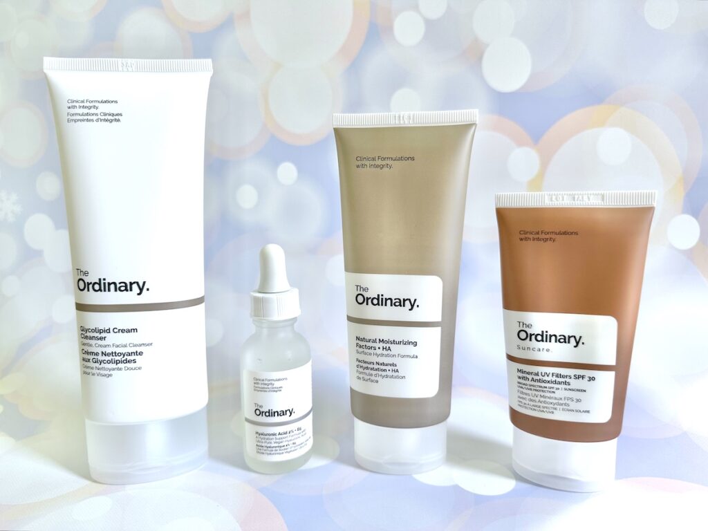 The Ordinary Glycolipid Cream Cleanser, The Ordinary Hyaluronic Acid 2% + B5, The Ordinary Natural Moisturizing Factors + HA, and The Ordinary Mineral UV Filters SPF 30 with Antioxidants.