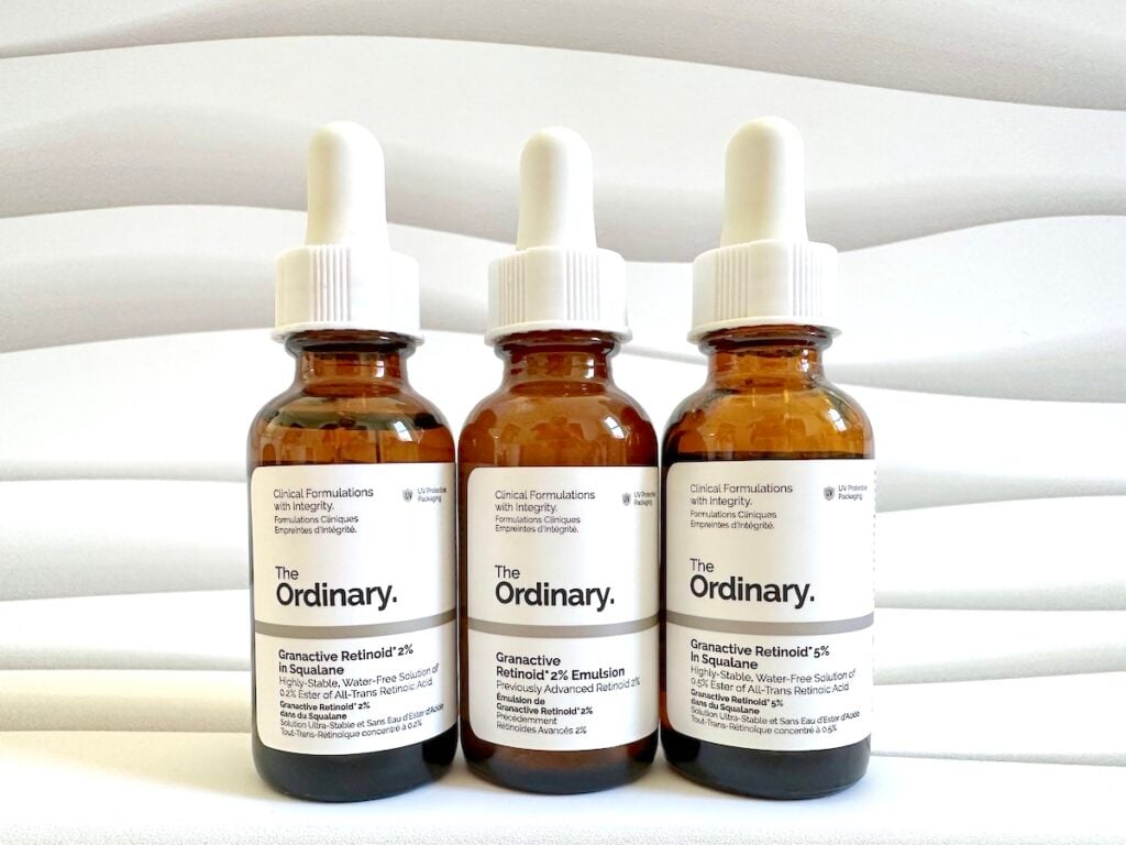 The Ordinary Granactive Retinoid 2% in Squalane, The Ordinary Granactive Retinoid 2% Emulsion, and The Ordinary Granactive Retinoid 5% in Squalane.