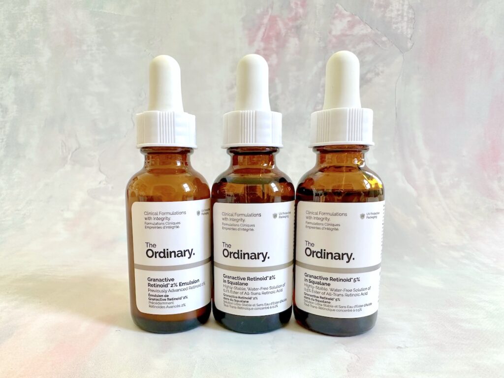 The Ordinary Granactive Retinoid 2% Emulsion, The Ordinary Granactive Retinoid 2% in Squalane, and The Ordinary Granactive Retinoid 2% in Squalane.