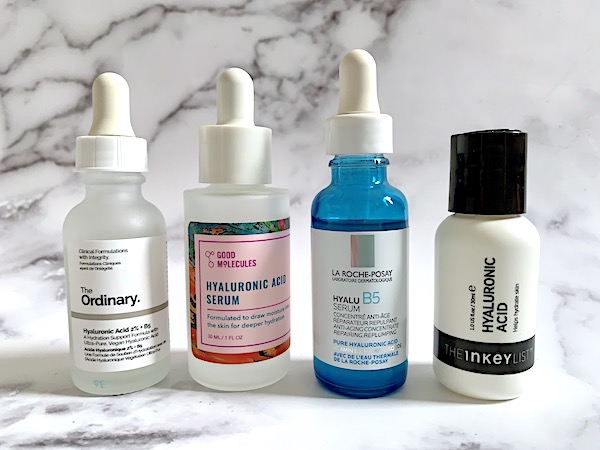 The Ordinary, Hyaluronic Acid 2% + B5, Good Molecules Hyaluronic Acid Serum, La Roche-Posay Hyalu B5 Serum and The Inkey List Hyaluronic Acid Serum