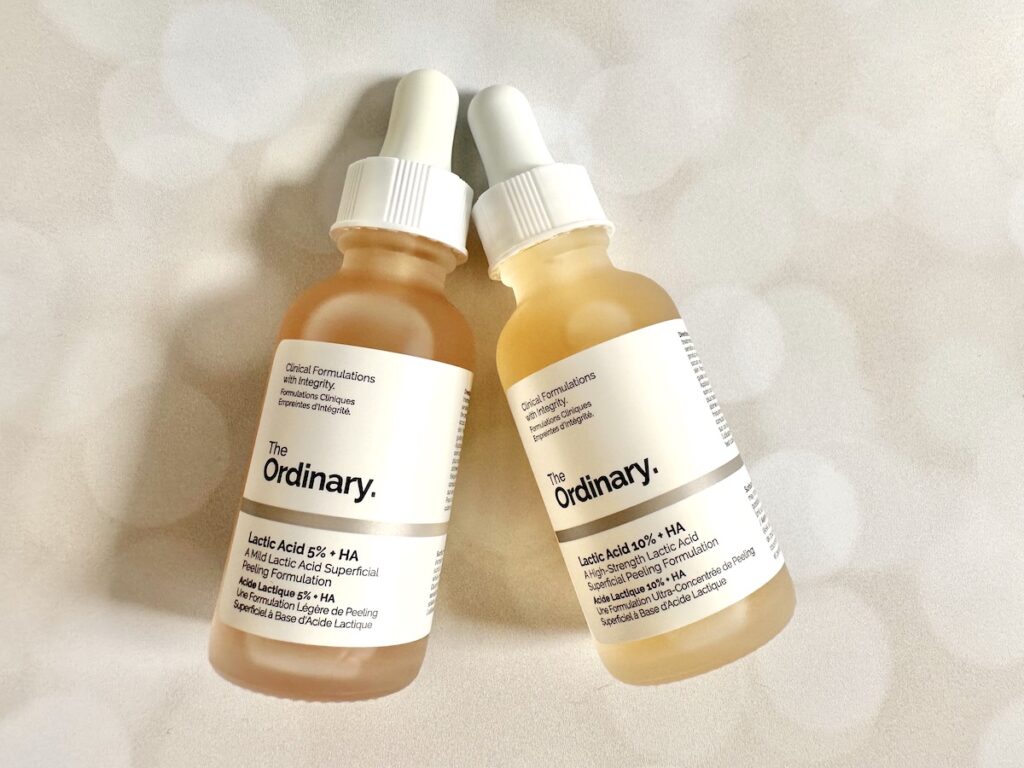 The Ordinary Lactic Acid 5% + HA and The Ordinary Lactic Acid 10% + HA, flatlay.