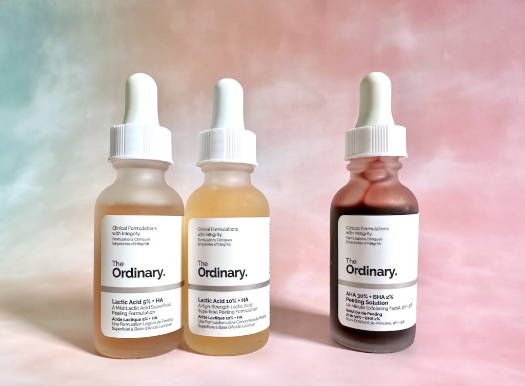 The Ordinary Lactic Acid 5% + HA, The Ordinary Lactic Acid 10% + HA, and The Ordinary AHA 30% + BHA 2% Peeling Solution.