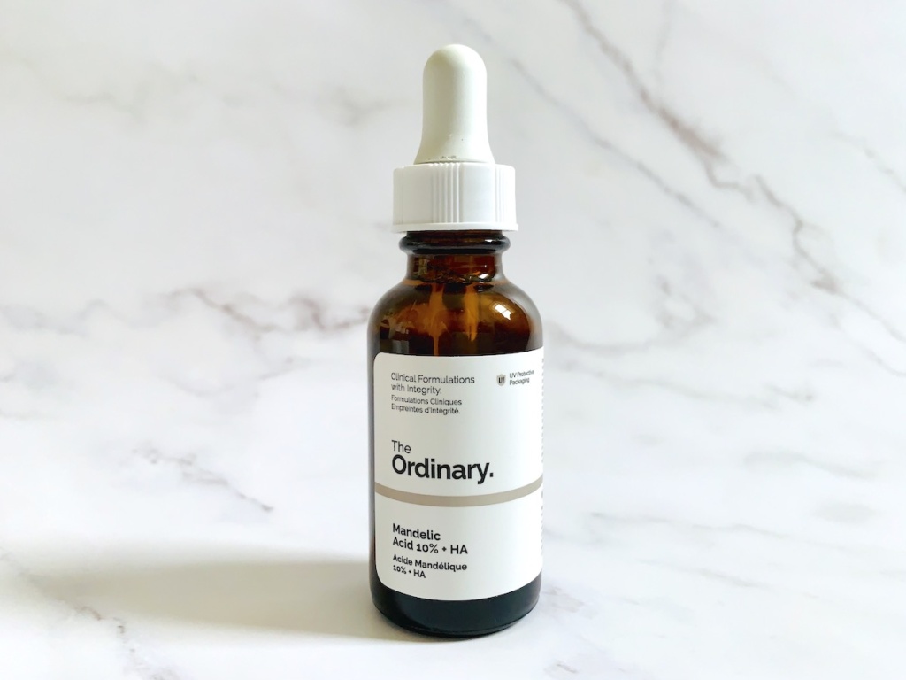 The Ordinary Mandelic Acid 10% + HA on white marble background