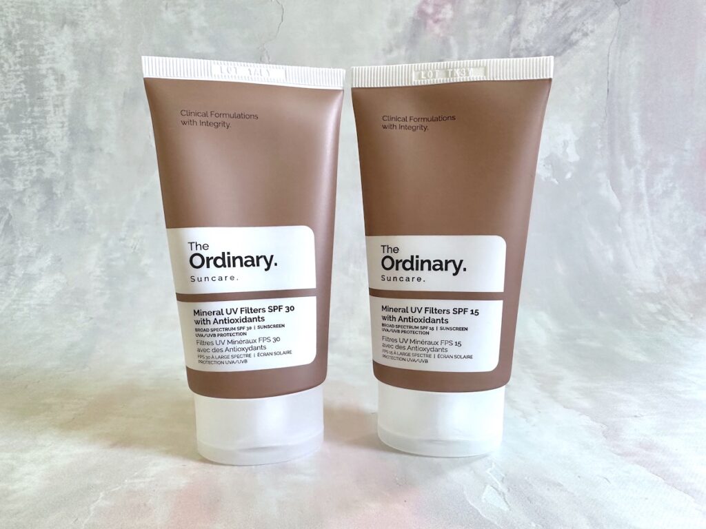 The Ordinary Sunscreen Review: The Ordinary Mineral UV Filters SPF 30 with Antioxidants and The Ordinary Mineral UV Filters SPF 15 with Antioxidants.