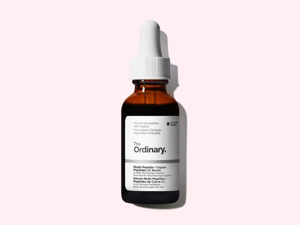 The Ordinary Multi-Peptide + Copper Peptides 1% Serum on pink background.