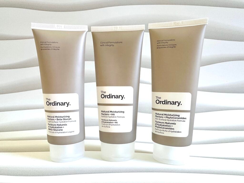 The Ordinary Natural Moisturizing Factors + Beta Glucan, The Ordinary Natural Moisturizing Factors + HA, and The Ordinary Natural Moisturizing Factors + PhytoCeramides.