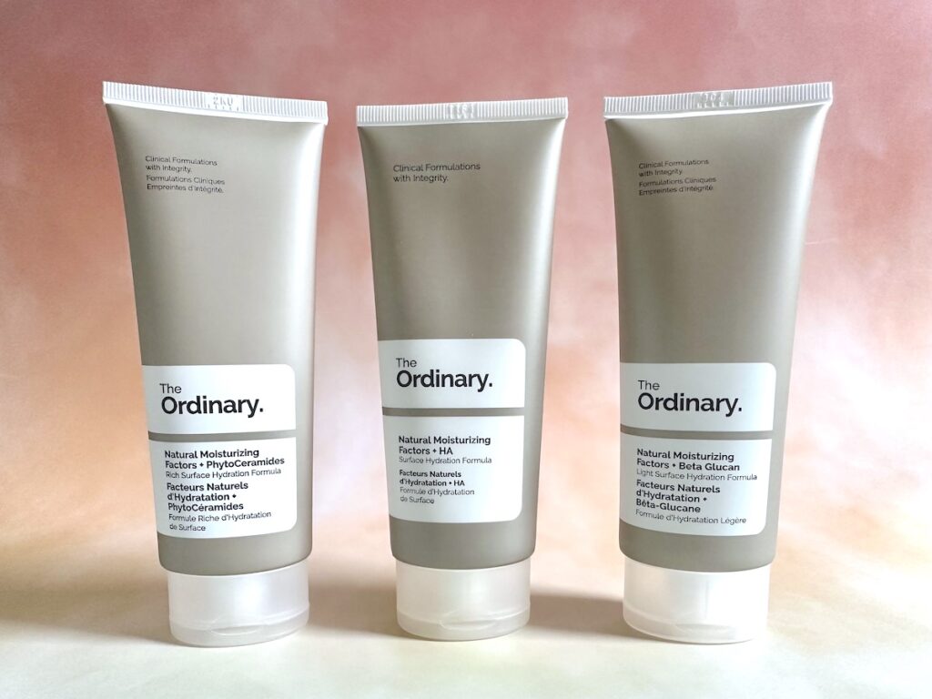 The Ordinary Natural Moisturizing Factors + PhytoCeramides, The Ordinary Natural Moisturizing Factors + HA, and The Ordinary Natural Moisturizing Factors + Beta Glucan.