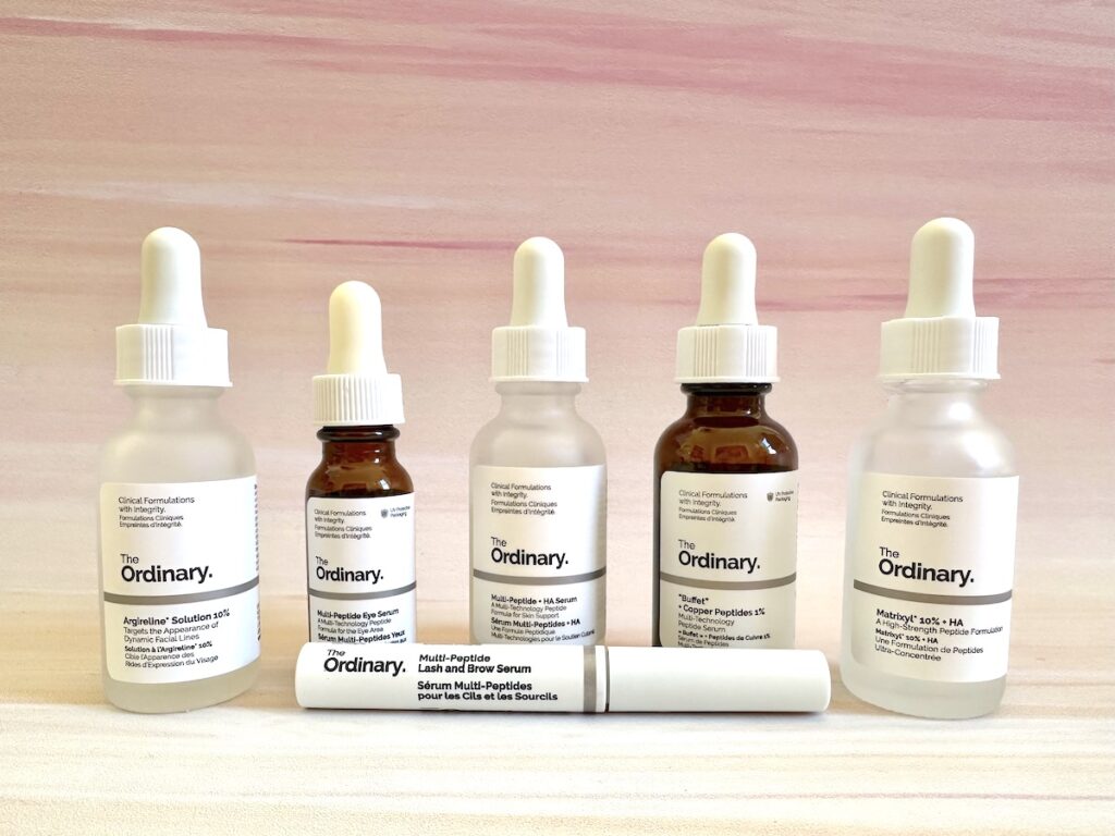 The Ordinary peptides: Argireline Solution 10%, Multi-Peptide Eye Serum, Multi-Peptide Lash and Brow Serum, Multi-Peptide + HA Serum, "Buffet" + Copper Peptides 1% (Multi-Peptide + Copper Peptides 1% Serum) and Matrixyl 10% + HA.