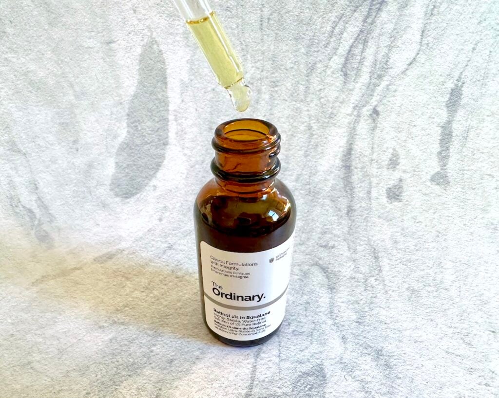 The Ordinary Retinol 1% in Squalane open with filled dropper applicator.