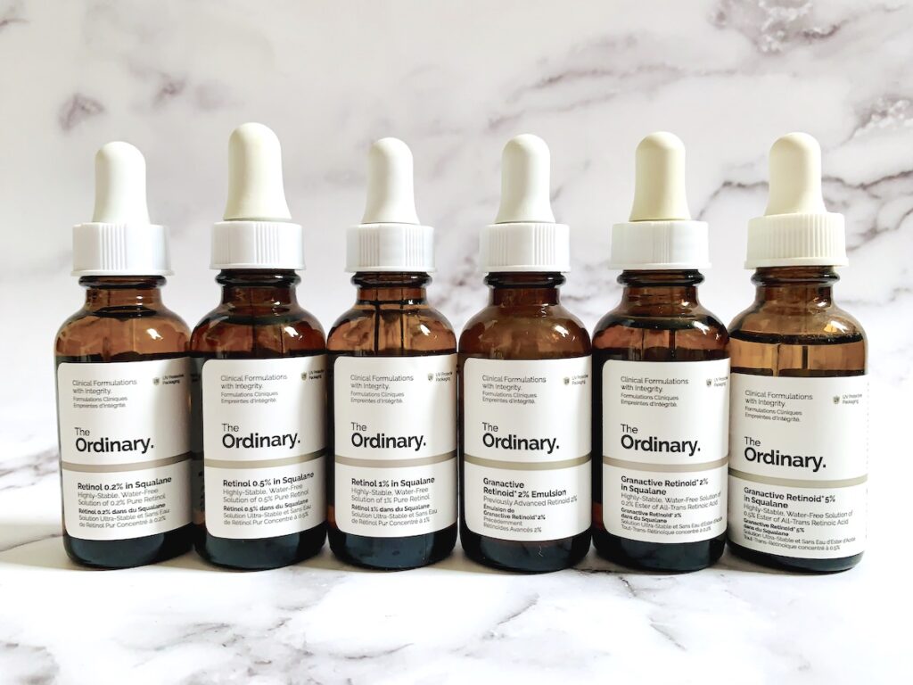 Six The Ordinary Retinol and Granactive Retinoid serums.