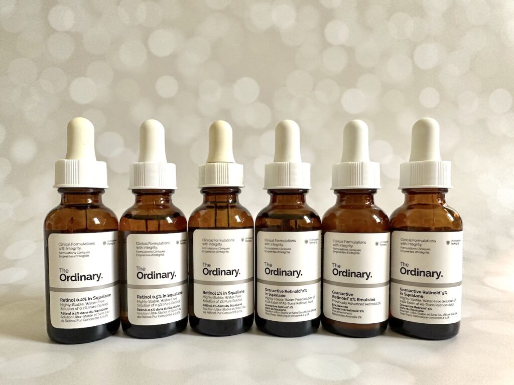 Six The Ordinary Retinol and Retinoid Serums.