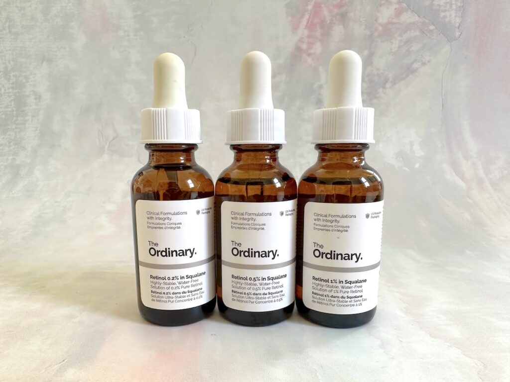 The Ordinary Retinol 0.2% in Squalane, The Ordinary Retinol 0.5% in Squalane, and The Ordinary Retinol 1% in Squalane.