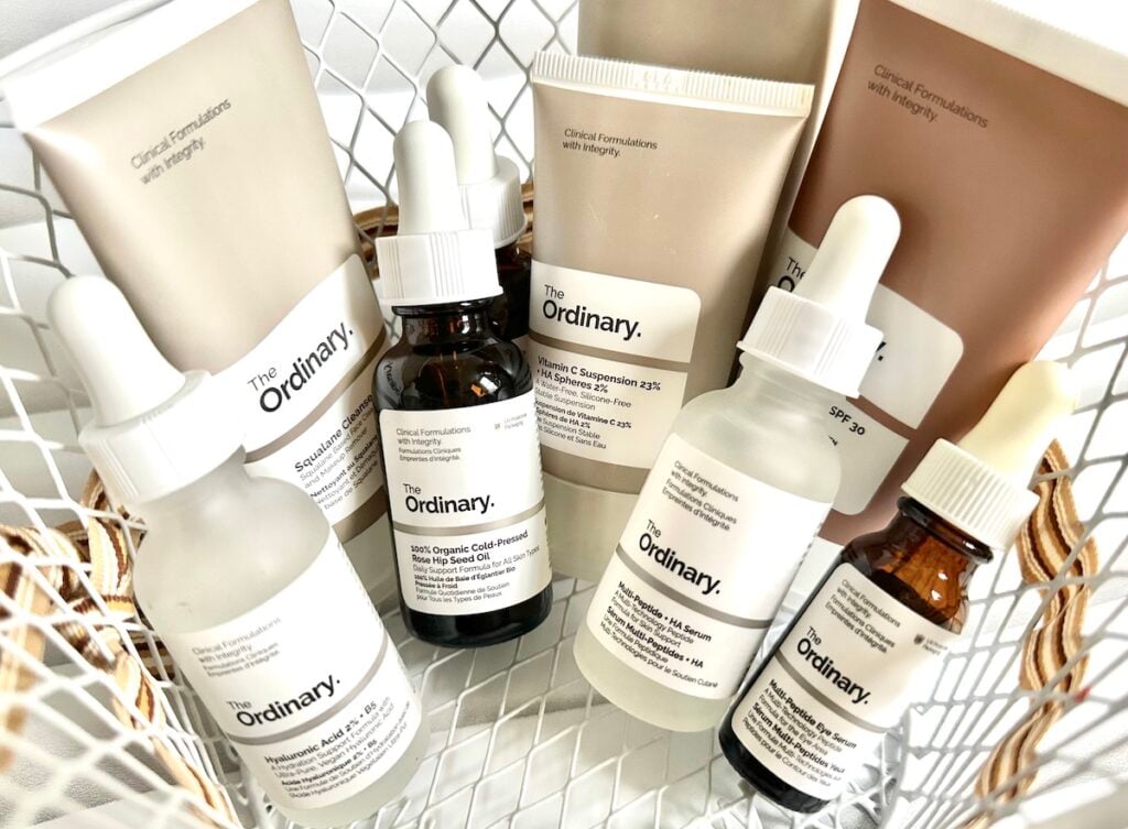 The Ordinary Skincare Routine For Over 50: The Ordinary Ordinary products in white wire basket.