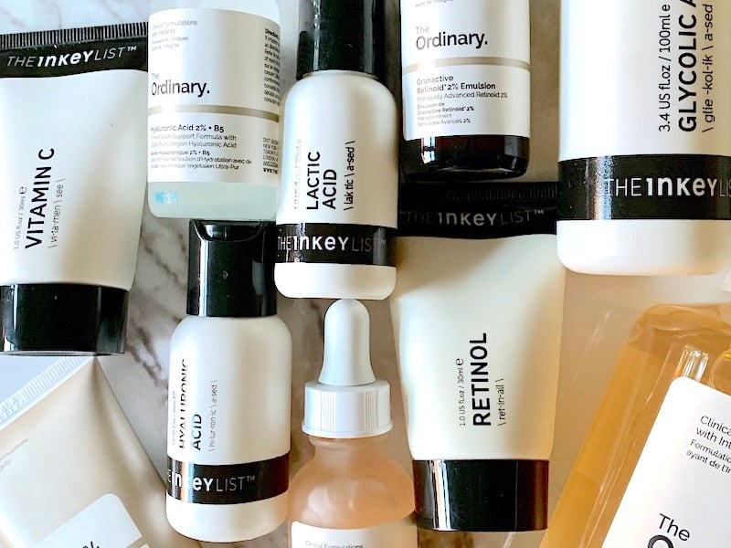 The Inkey List and The Ordinary Products on a Marble Tray