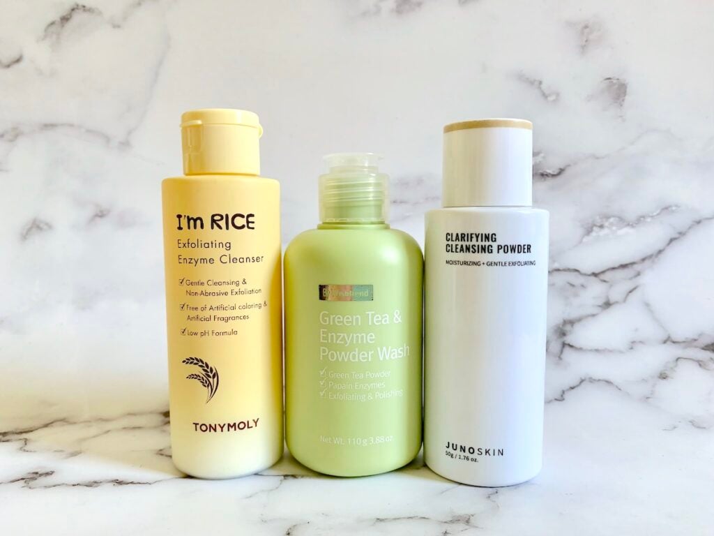 Tonymoly I'm Rice Exfoliating Enzyme Cleanser, Wishtrend Green Tea Enzyme Powder Wash, and Junoco Clarifying Cleanser Powder