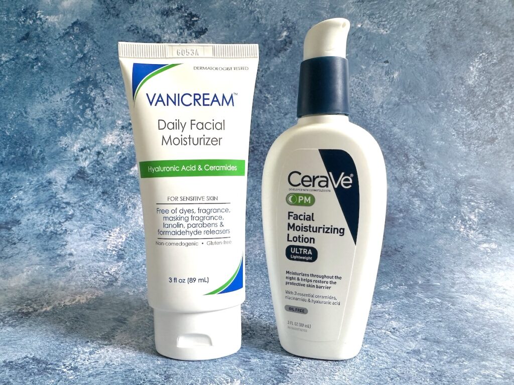 Vanicream Daily Facial Moisturizer and CeraVe PM Facial Moisturizing Lotion.