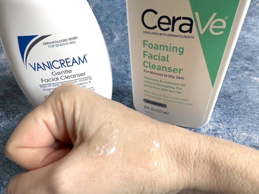 Vanicream Gentle Facial Cleanser vs CeraVe Foaming Facial Cleanser sampled on hand.