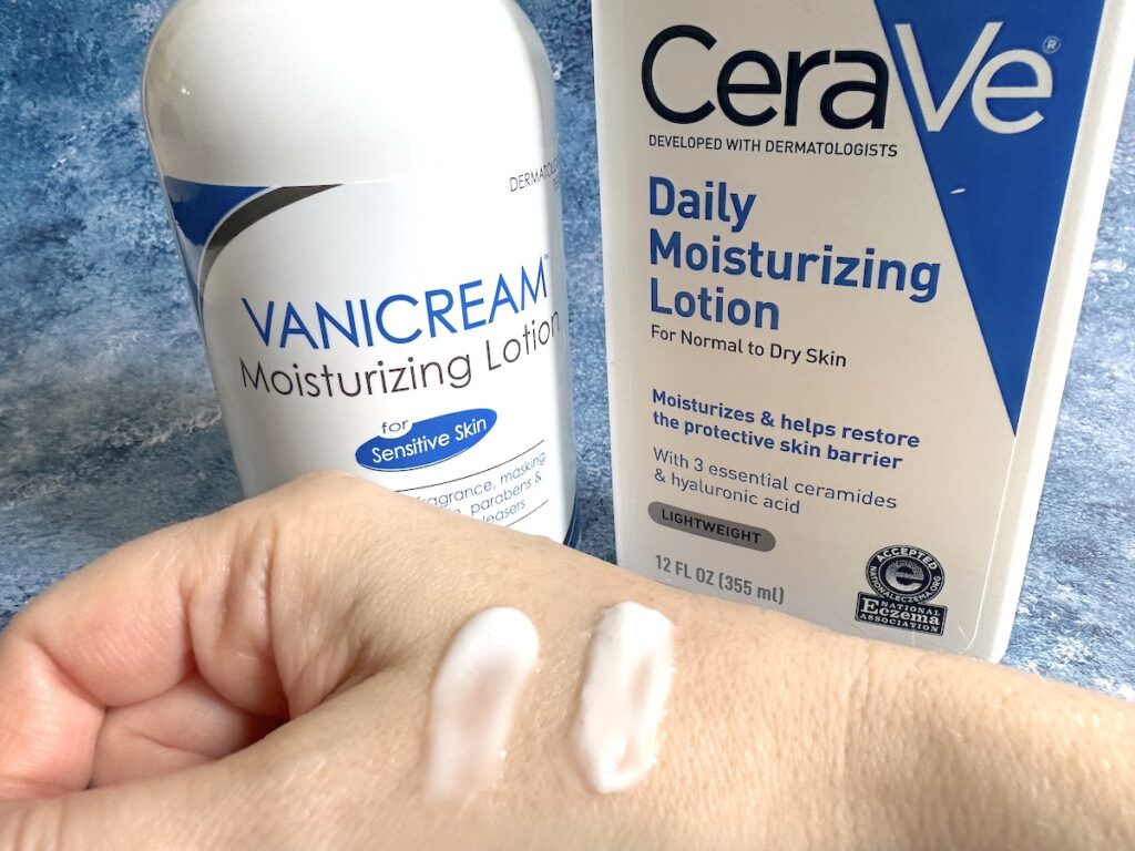 Vanicream Moisturizing Lotion and CeraVe Daily Moisturizing Lotion bottles and sampled on hand.