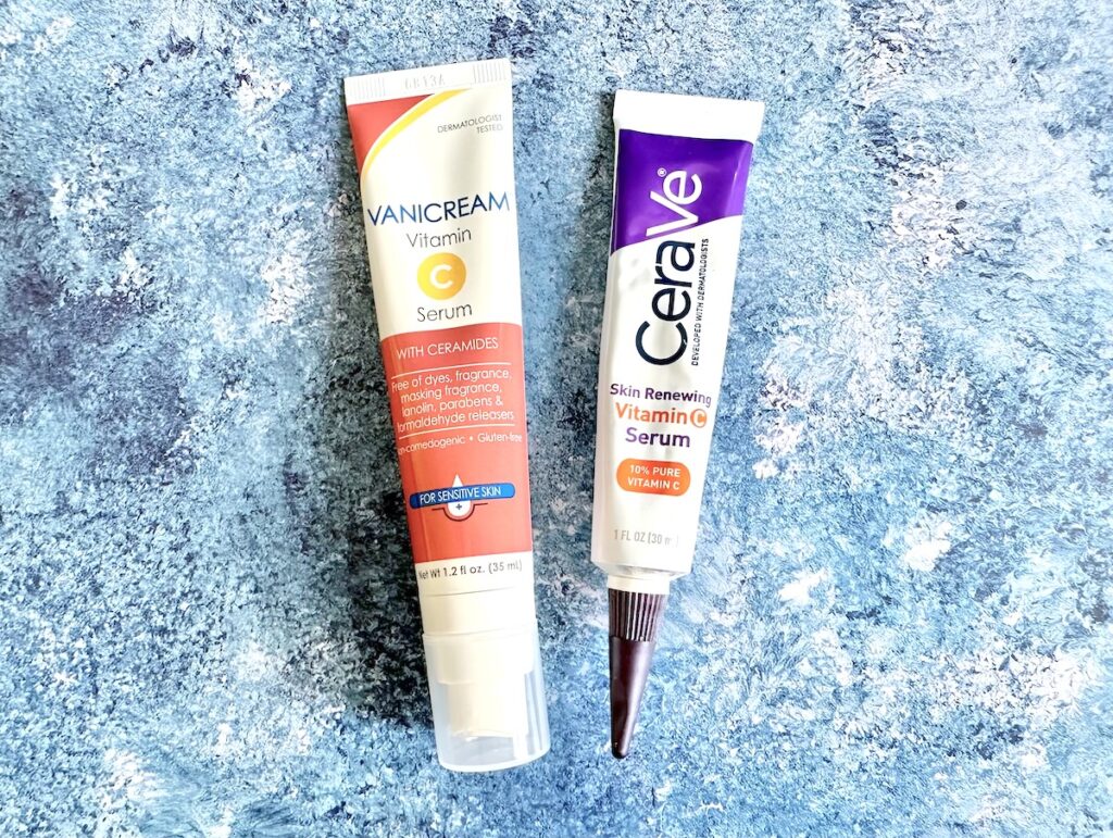 Vanicream Vitamin C Serum and CeraVe Skin Renewing Vitamin C Serum, flatlay.