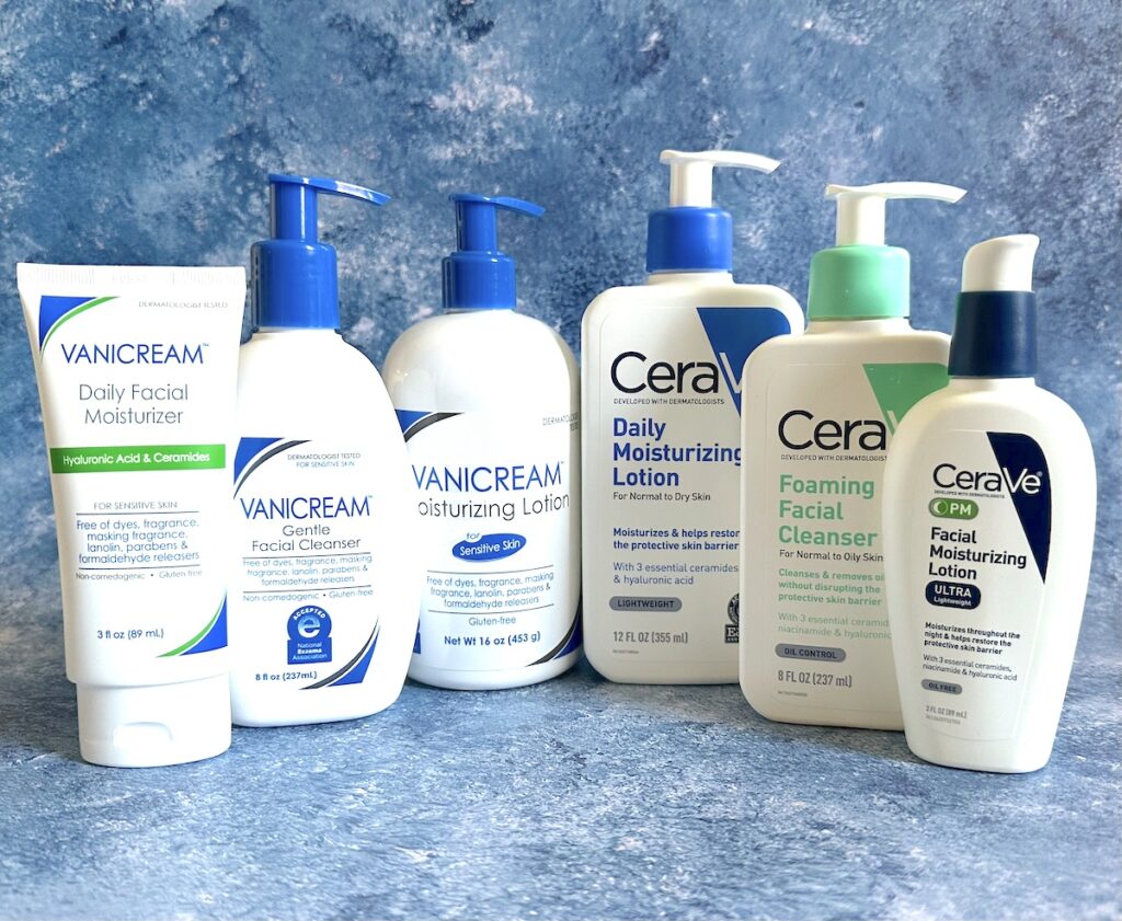 Vanicream vs CeraVe: Vanicream Daily Facial Moisturizer, Vanicream Moisturizing Lotion, Vanicream Moisturizing Cream, CeraVe Daily Moisturizing Lotion, CeraVe Moisturizing Cream and CeraVe PM Facial Moisturizing Lotion.