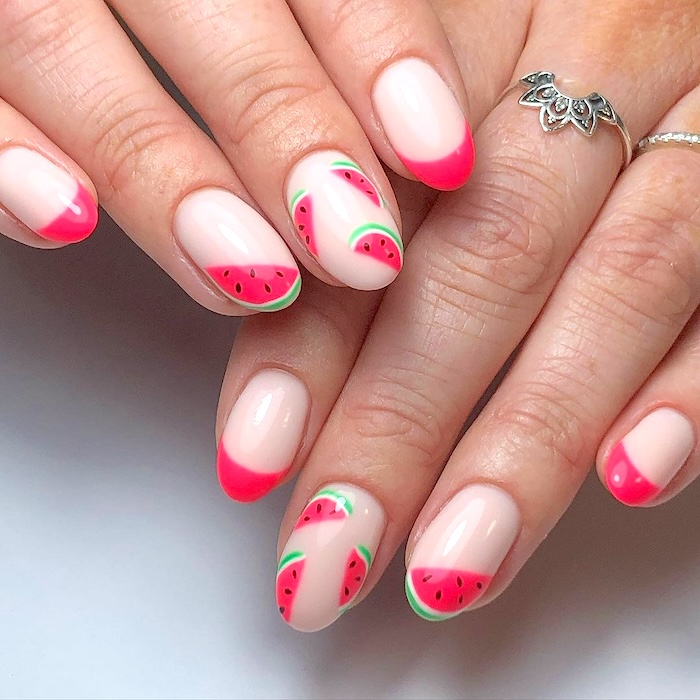 Watermelon French tip nails.