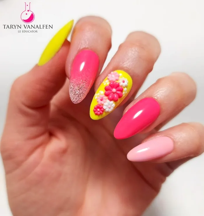 Pink and yellow flowers May nails.