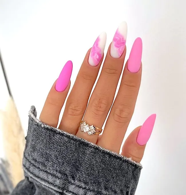 Pink and white marble nails.