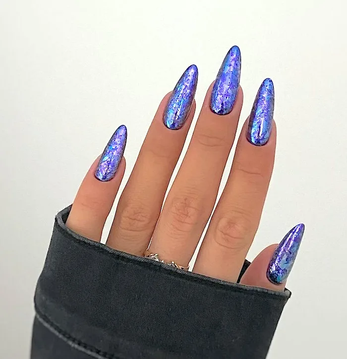 Blue purple iridescent chrome nails.