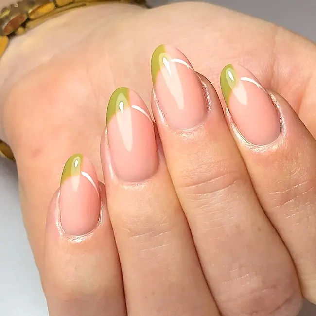 Khaki olive half French tip nails.